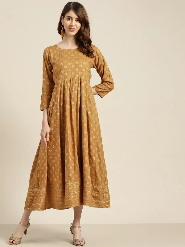 Mustard Foil Print Anarkali Maxi Dress Elegant Sleeveless Maxi Dress