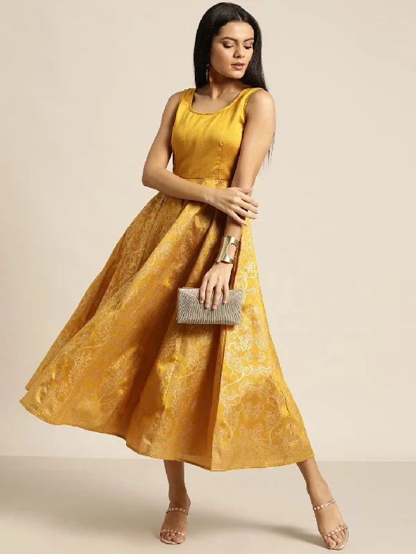 Mustard Foil Print Sleeveless Anarkali Maxi Dress Cozy Knit Maxi Dress