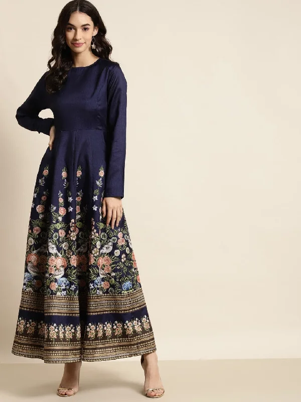 Navy Floral Full Sleeves Anarkali Maxi Dress Trendy Maxi Dress with Belt