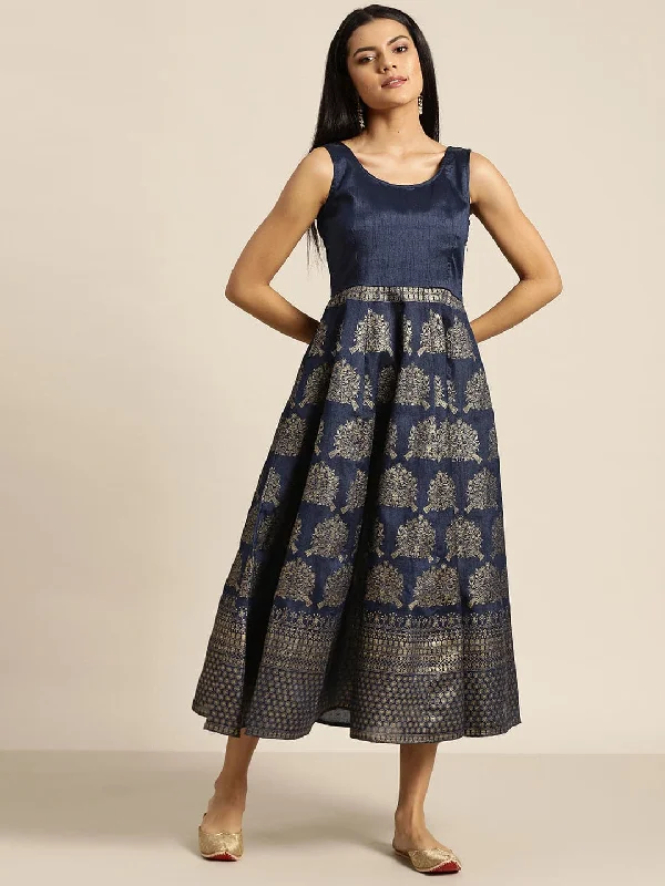 Navy Foil Print Sleeveless Anarkali Maxi Dress Chic Boho Print Maxi Dress