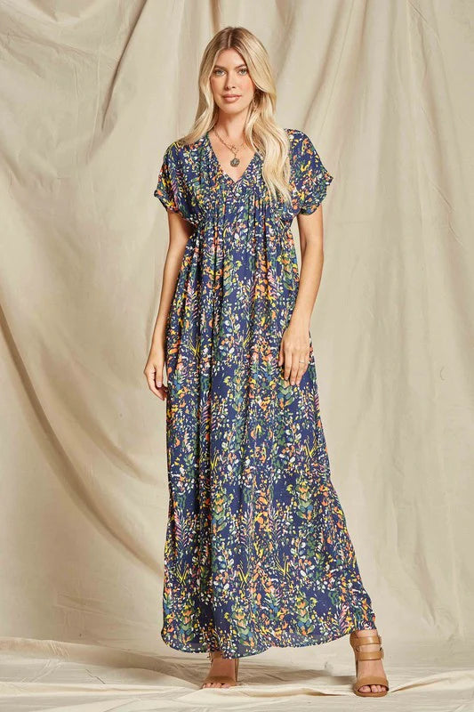 NAVY MULTI COLOR PRINT WOVEN MAXI DRESS Elegant Wraparound Maxi Dress