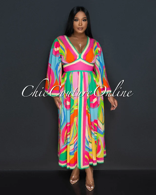 Odetta Fuchsia Multi-Color Print Kimono Maxi Dress Comfortable Bohemian Maxi Dress