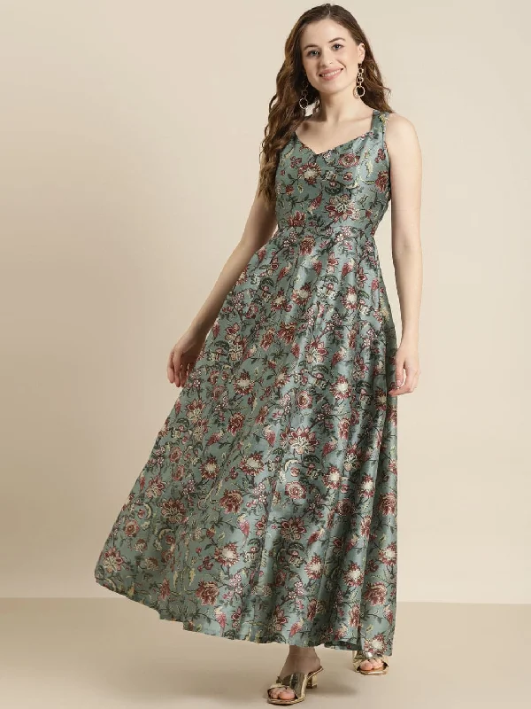 Olive Floral Sweetheart Anarkali Maxi Dress Trendy Printed Maxi Dress