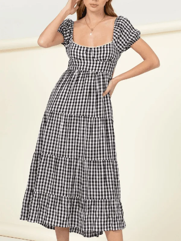 Open Back Gingham Maxi Dress Cozy Cold-Shoulder Maxi Dress