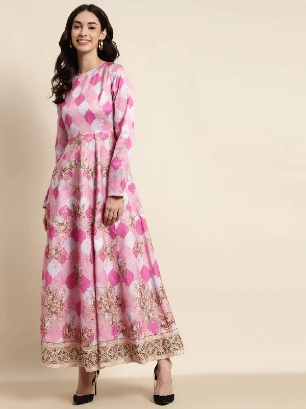 Pink Mughal Floral Full Sleeves Anarkali Maxi Dress Elegant Silk Maxi Dress