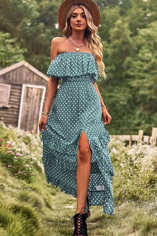 Explore More Collection - Polka Dot Strapless Slit Ruffled Maxi Dress Trendy Button Front Maxi Dress