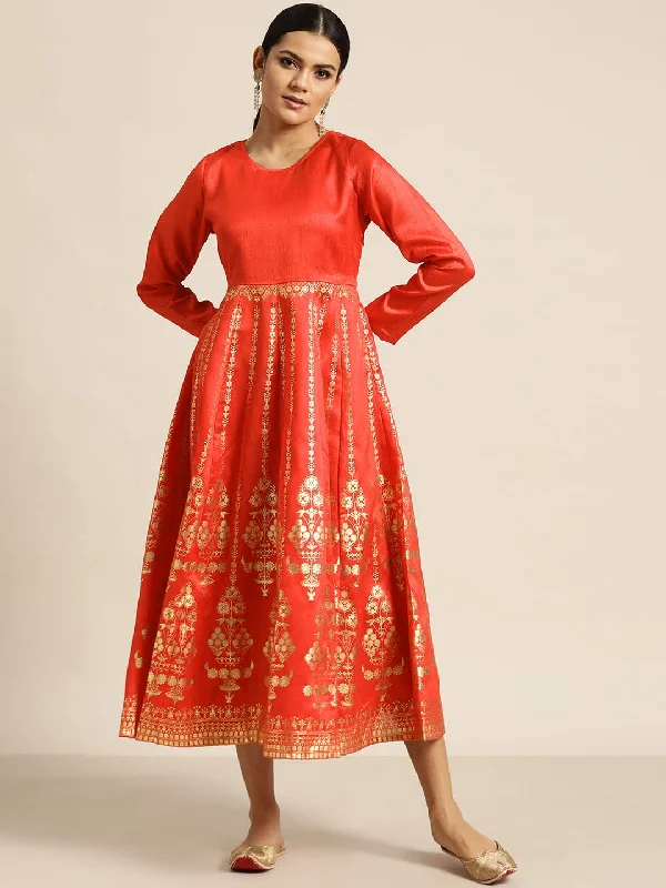 Red Gold Foil Print Anarkali Maxi Dress Classic Tulle Maxi Dress