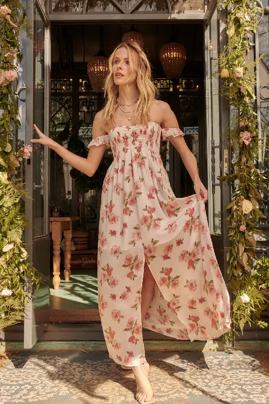 Roses in Bloom Off-Shoulder Floral Maxi Dress Chic Button-Up Maxi Dress