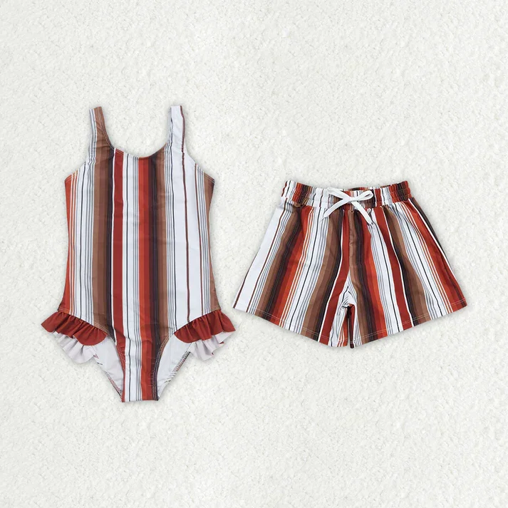RTS Baby Girls Boys Brown Stripes Western Summer Trunk Swimsuits Classic Swimsuit Design RTS Baby Girls Boys Brown Stripes Western Summer Trunk Swimsuits Classic Swimsuit Design