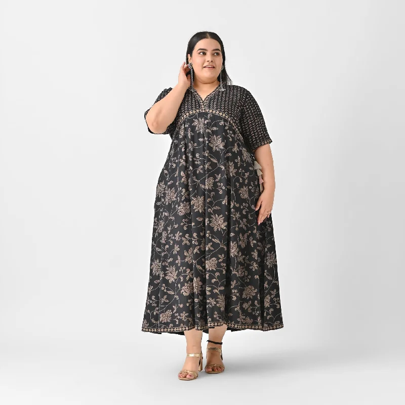 Black Rayon Bandhani Inspired Floral Maxi Dress (Plus) Fashionable Sleeveless Maxi Dress