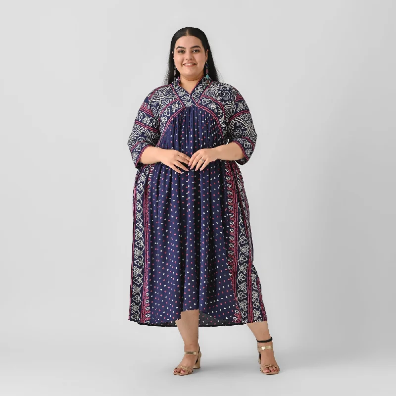 Indigo Rayon Bandhani V-Neck Gathered Maxi Dress (Plus) Comfortable Fitted Maxi Dress