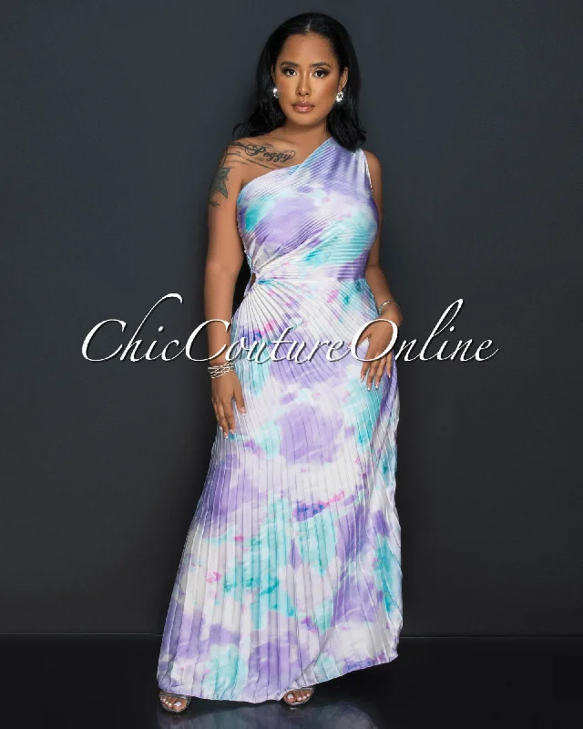 Sabia Lilac Aquamarine Pleated Single Shoulder Silky Maxi Dress Trendy Maxi Dress with Bow