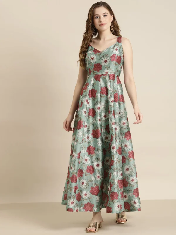 Sea Green Floral Sweetheart Anarkali Maxi Dress Cozy Open-Back Maxi Dress