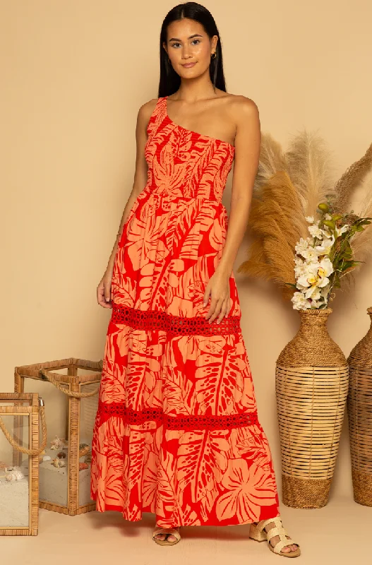 Shore Ozzy One Shoulder Maxi Dress - Coral Palms Trendy Satin Maxi Dress