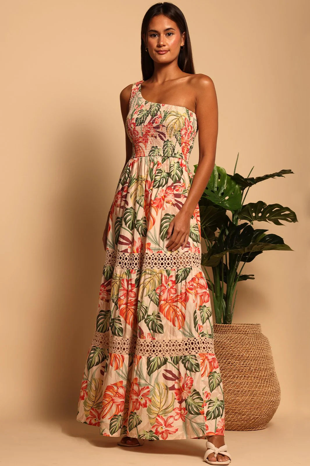 Shore Ozzy One Shoulder Maxi Dress - Jungle Harmony Fashionable Open-Back Maxi Dress