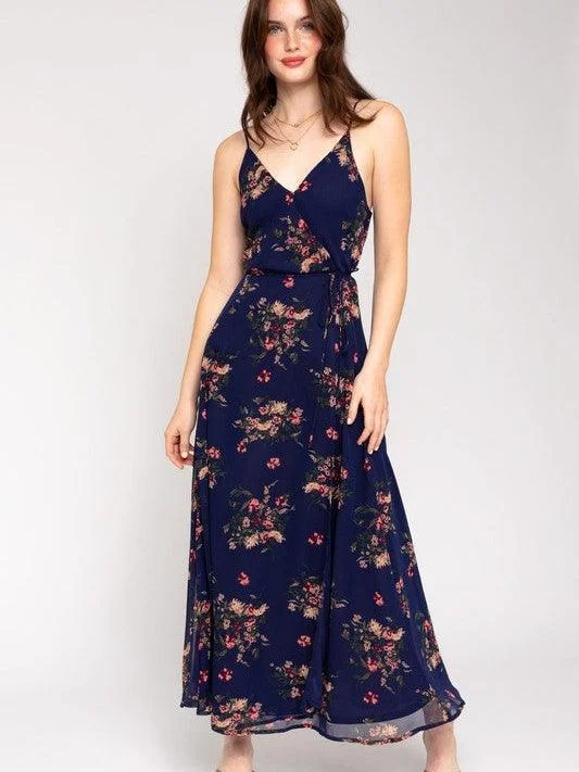 Soft Navy Floral Wrap Maxi Dress Fashionable Printed Maxi Dress