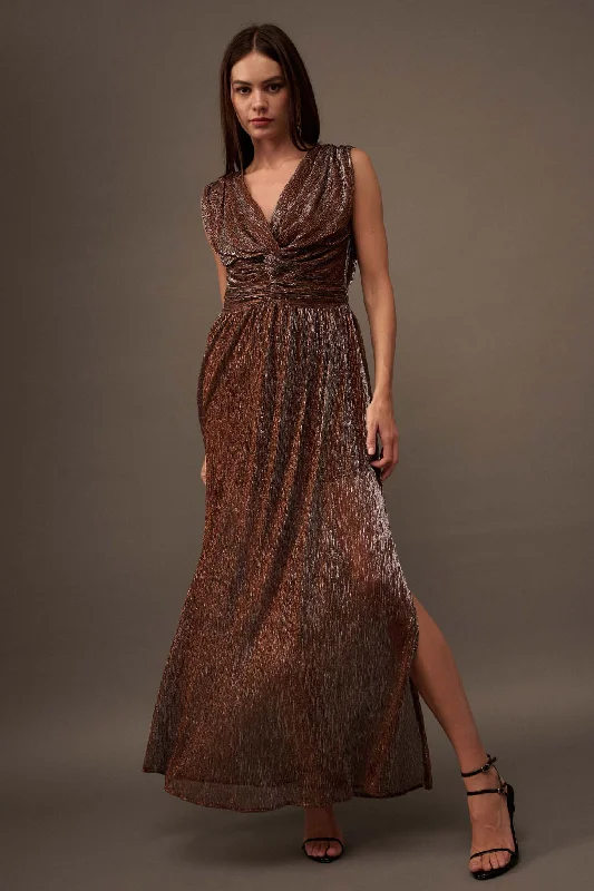 Star Treatment Gathered Shimmer Maxi Dress Trendy Off-Shoulder Ruffle Maxi Dress