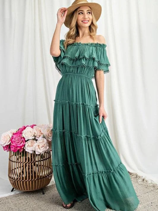 Summertime Ruffles Off the Shoulder Maxi Dress Classic V-Neck Maxi Dress