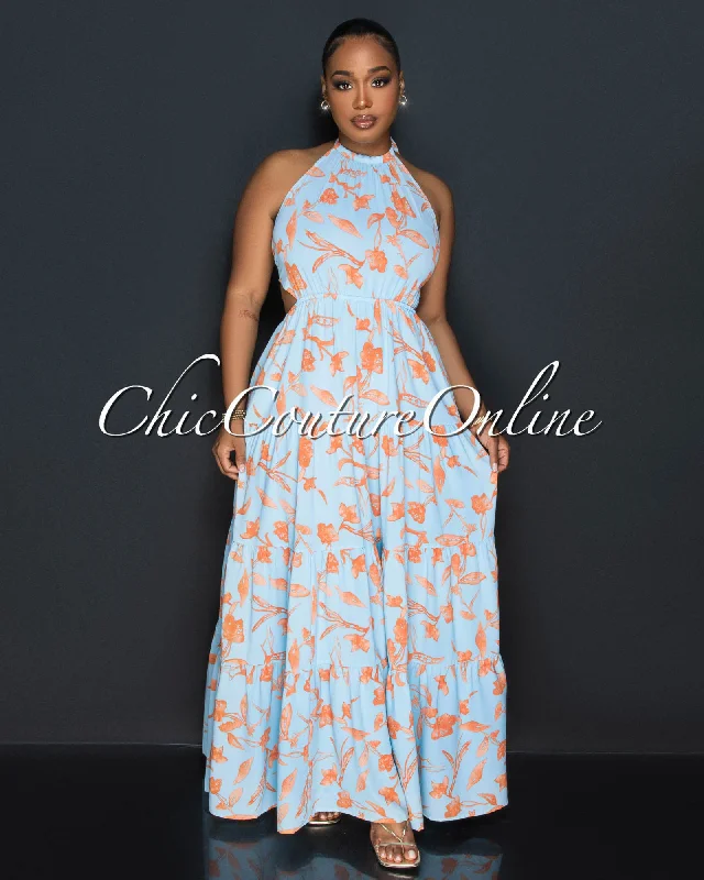 Trevor Baby Blue Orange Halter Maxi Dress Elegant Maxi Dress with Belt