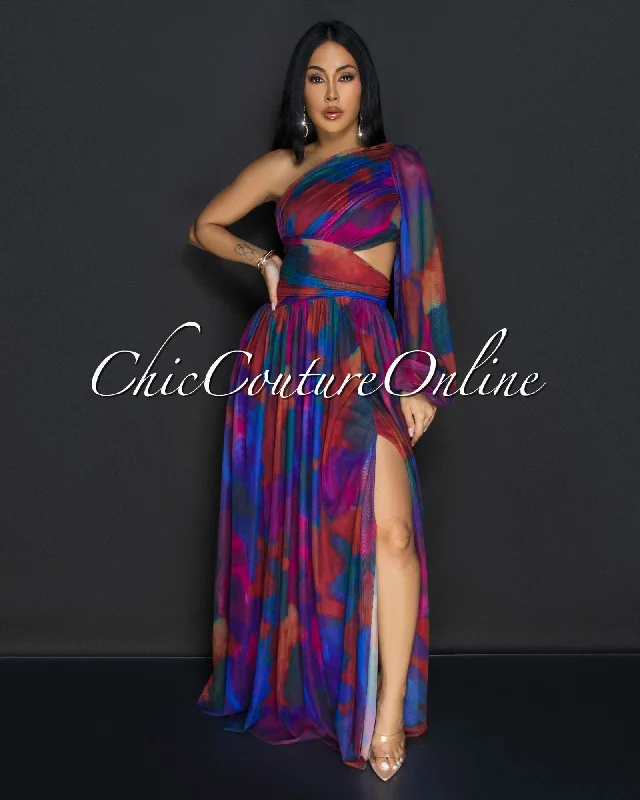 Verity Multi-Color Single Sleeve Maxi Dress Comfortable Pleated Maxi Dress