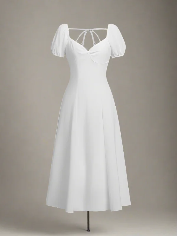 Adeline White Maxi Dress with Puff Sleeves Cozy Open-Back Maxi Dress