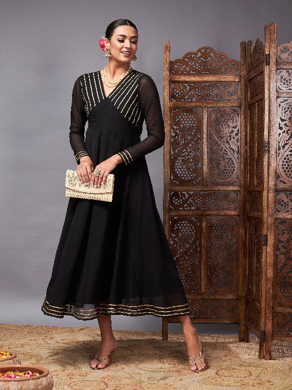 Women Black Gota Lace Detail Anarkali Maxi Dress Elegant Silk Maxi Dress