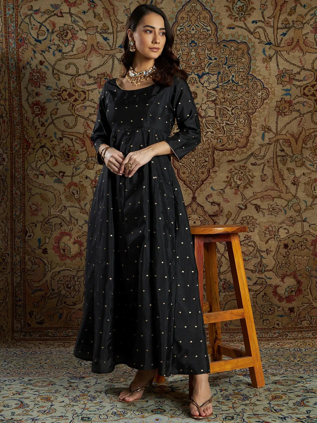 Women Black Jacquard Anarkali Maxi Dress Comfortable Bohemian Maxi Dress