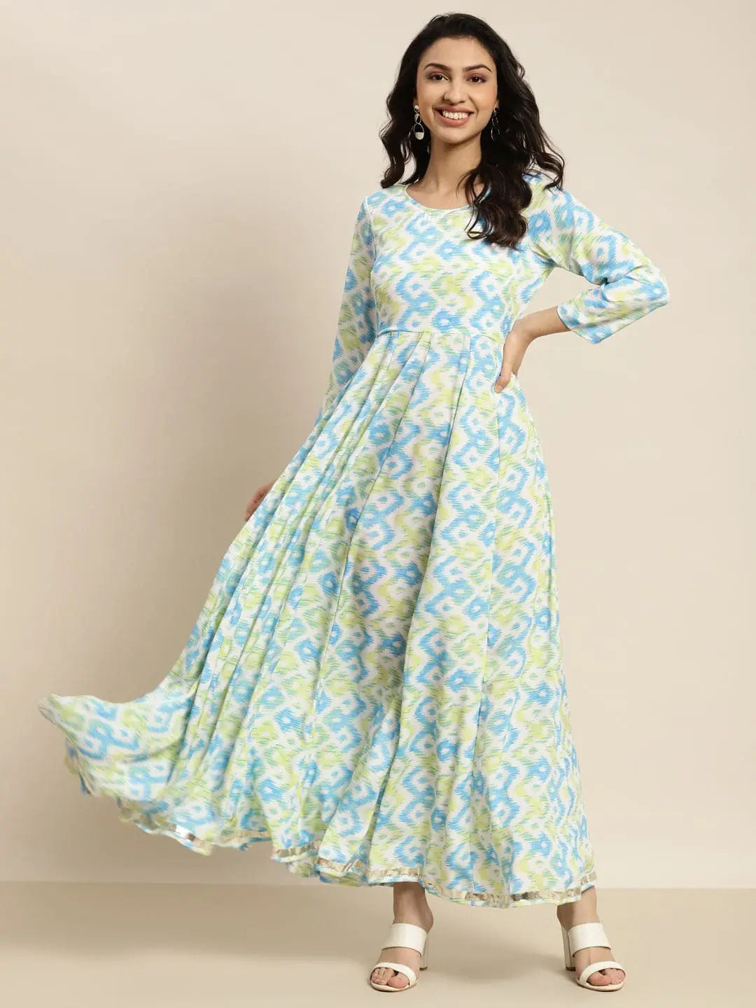 Women Blue & Green Ikat Anarkali Maxi Dress Cozy Ribbed Maxi Dress