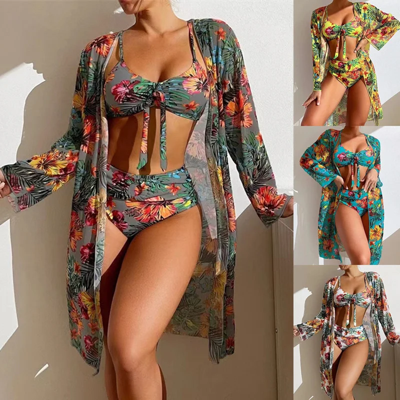 Women Fashion Floral Printing Bikini Mesh Cover-Up Three-Piece Bikini Swimwear Set Tie-Back Swimwear Women Fashion Floral Printing Bikini Mesh Cover-Up Three-Piece Bikini Swimwear Set Tie-Back Swimwear