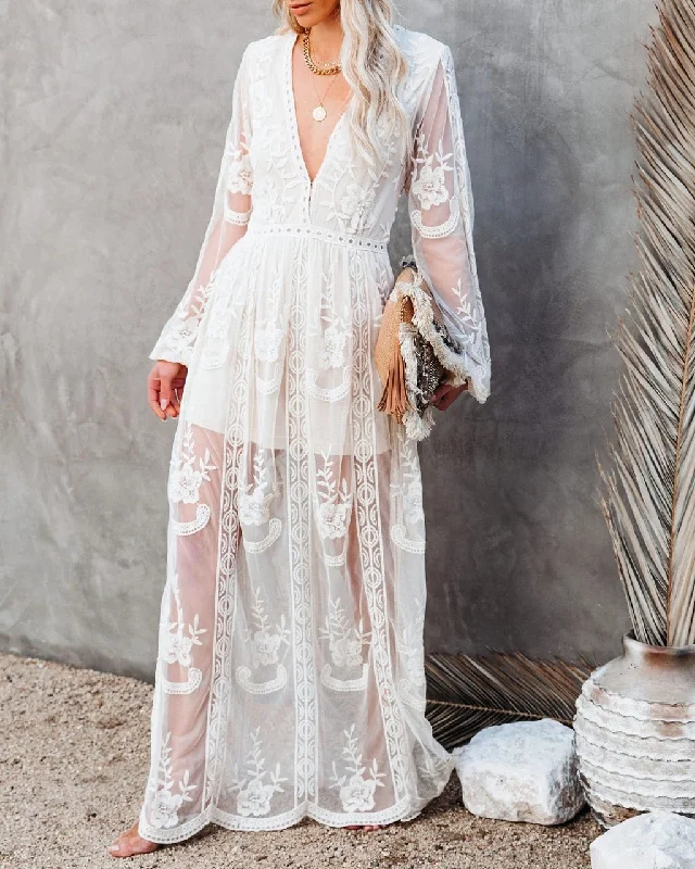 Female Summer Lace Floral Embroidery V-Neck Long Sleeve Street Maxi Dress Trendy A-Line Maxi Dress