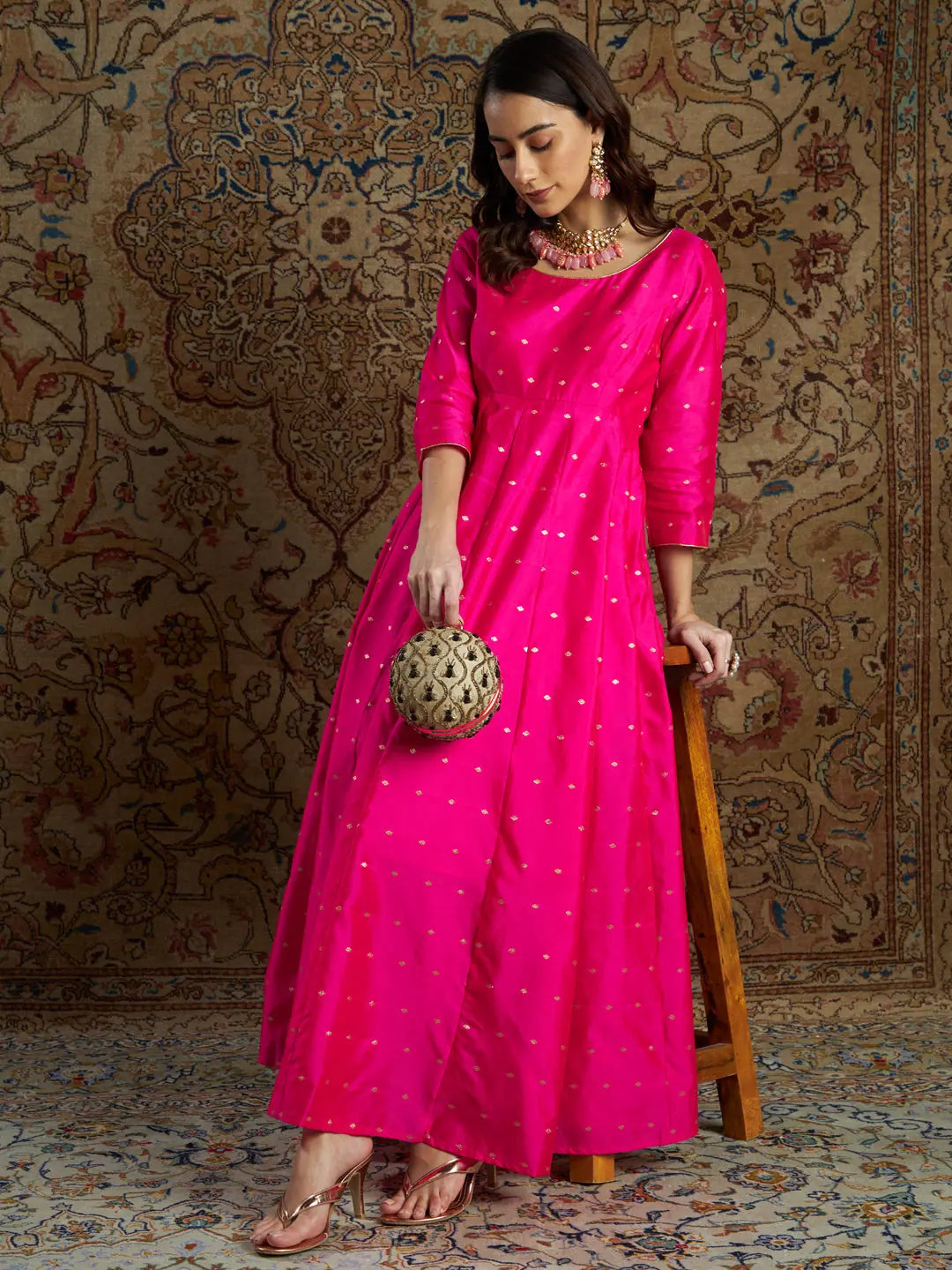 Women Fuchsia Jacquard Anarkali Maxi Dress Fashionable Chiffon Tiered Maxi Dress