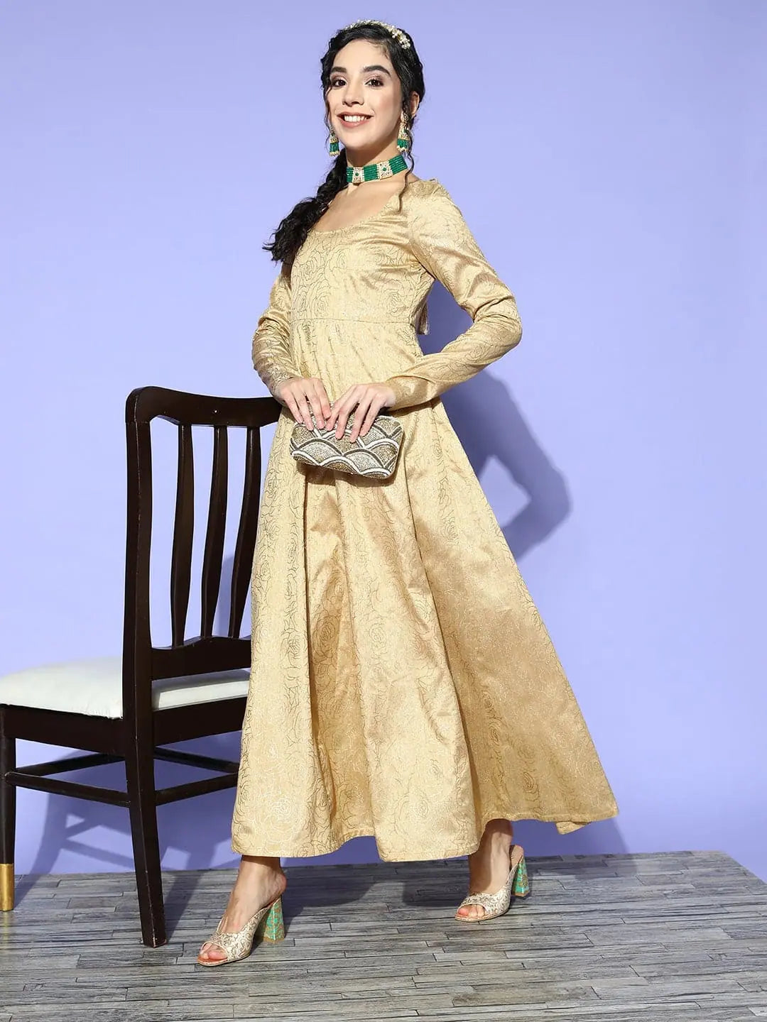 Women Gold Chanderi Foil Anarkali Maxi Dress Stylish Longline Maxi Dress