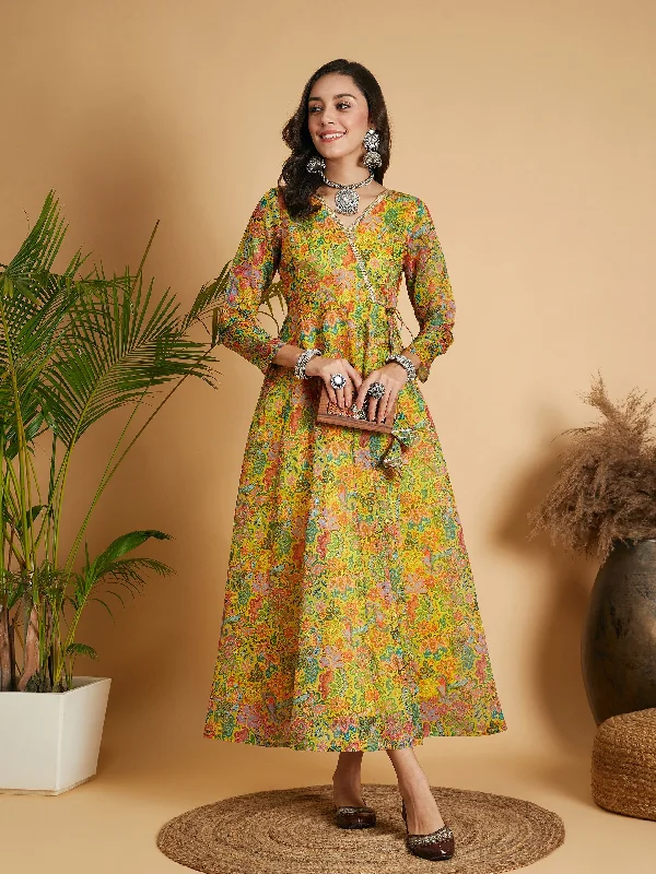 Women Lemon Yellow Floral Anarkali Maxi Dress Elegant Lace-Up Maxi Dress