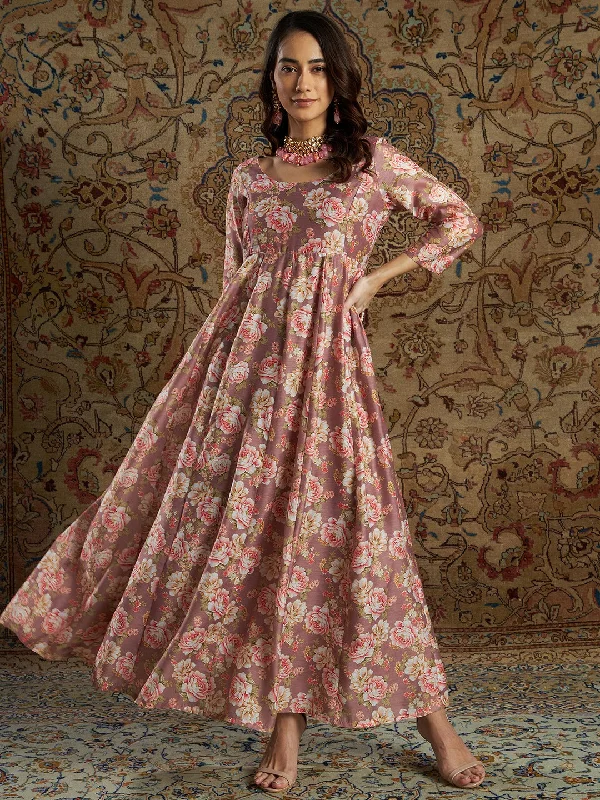 Women Mauve Chanderi Floral Anarkali Maxi Dress Trendy Maxi Dress with Bow