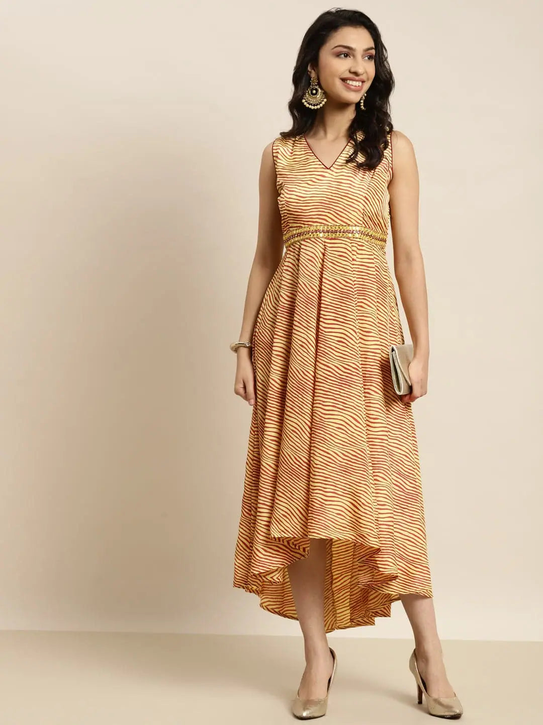 Women Mustard Lehariya High Low Anarkali Maxi Dress Trendy Off-Shoulder Ruffle Maxi Dress