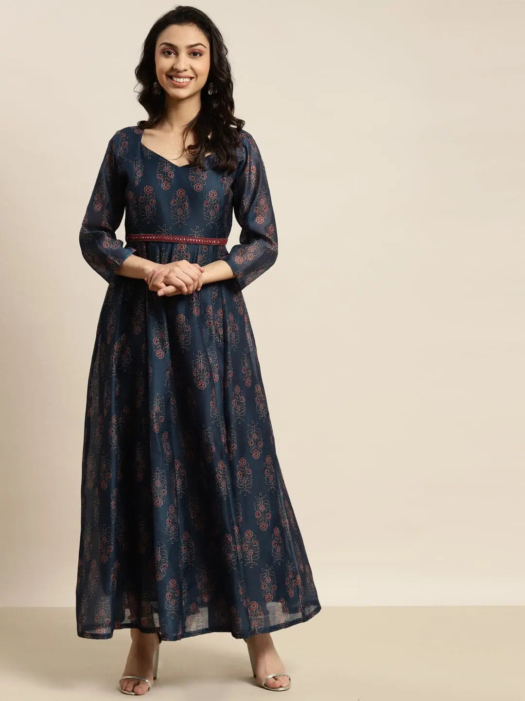 Women Navy Chanderi Floral Anarkali Maxi Dress Elegant Maxi Dress with Slit