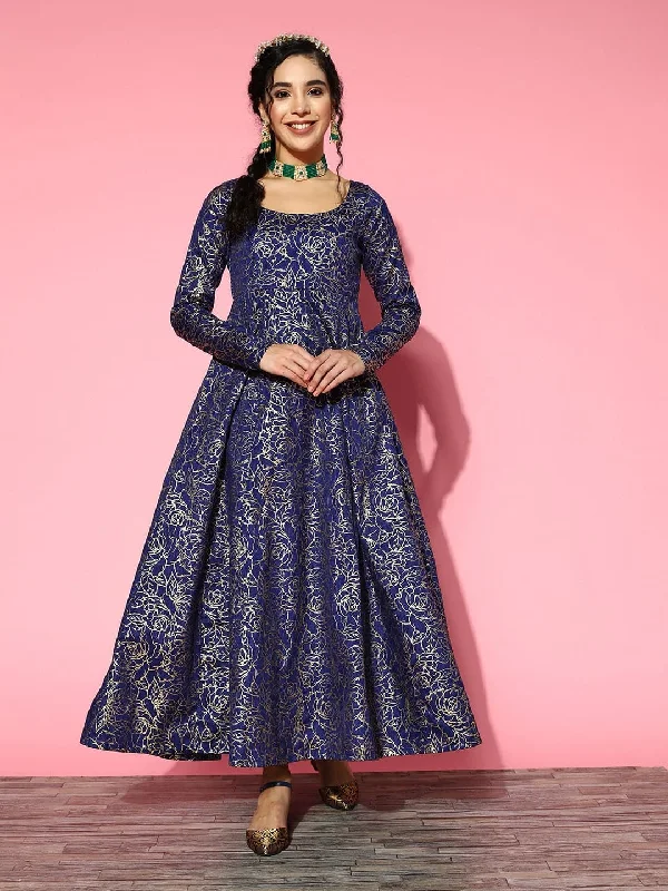 Women Navy Chanderi Foil Anarkali Maxi Dress Fashionable Chiffon Tiered Maxi Dress