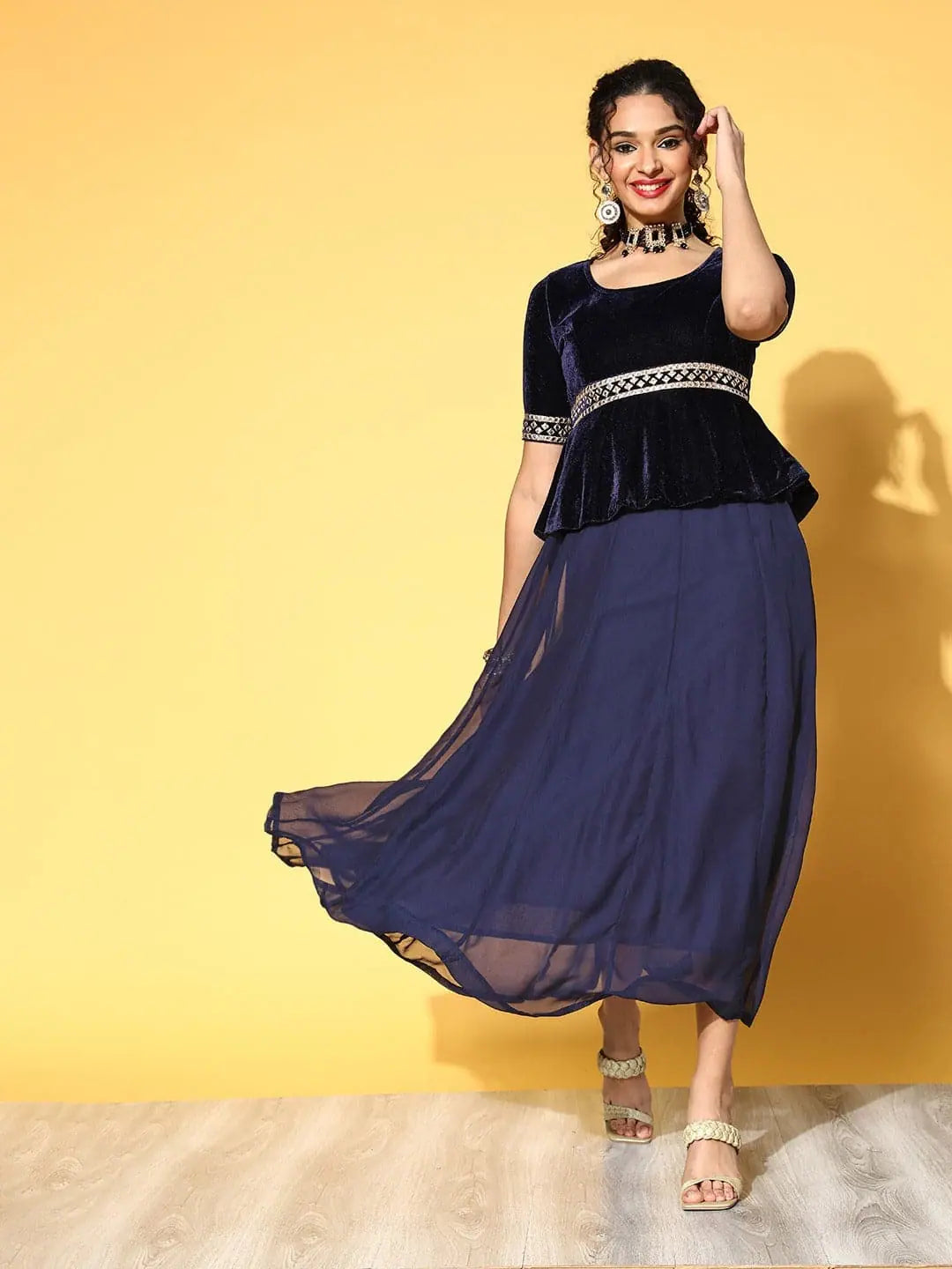 Women Navy Embroidered Peplum Anarkali Maxi Dress Trendy Short Sleeve Maxi Dress