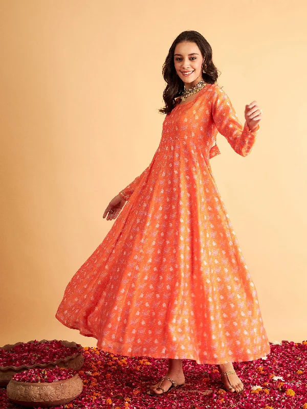 Women Orange Floral Round Neck Anarkali Maxi Dress Chic Summer Floral Maxi Dress