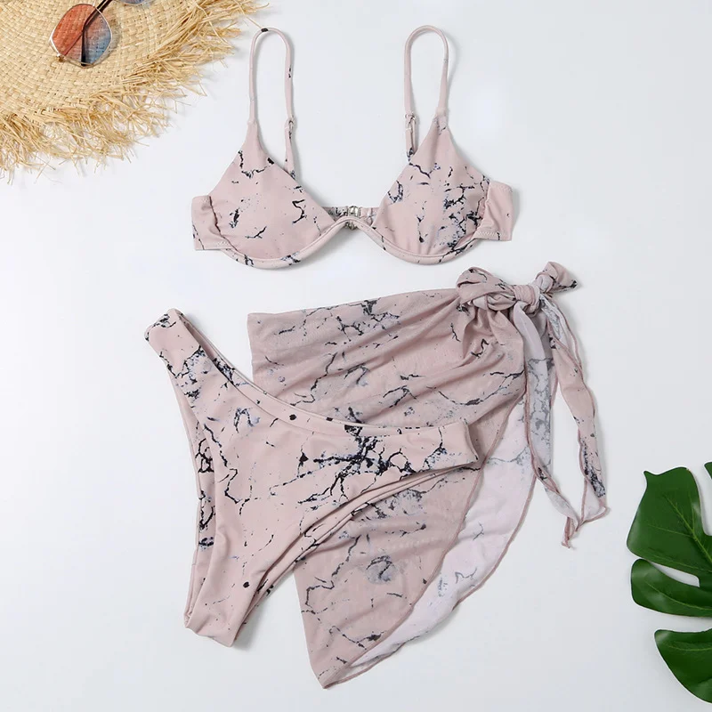 Women Printed Mesh Bikini Sexy Fashion Three-Piece Swimsuit Sexy Monokini Swimsuit