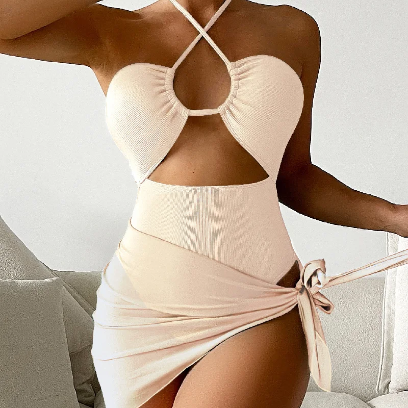 Women Sexy Pure Color Mesh Halter One-Piece Swimsuit Set Halter Top Bikini