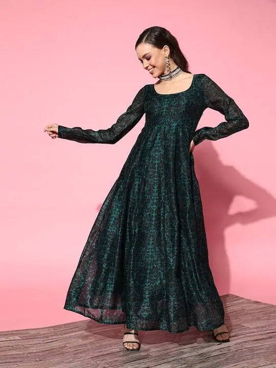 Women Teal Chanderi Floral Anarkali Maxi Dress Comfortable Bohemian Maxi Dress