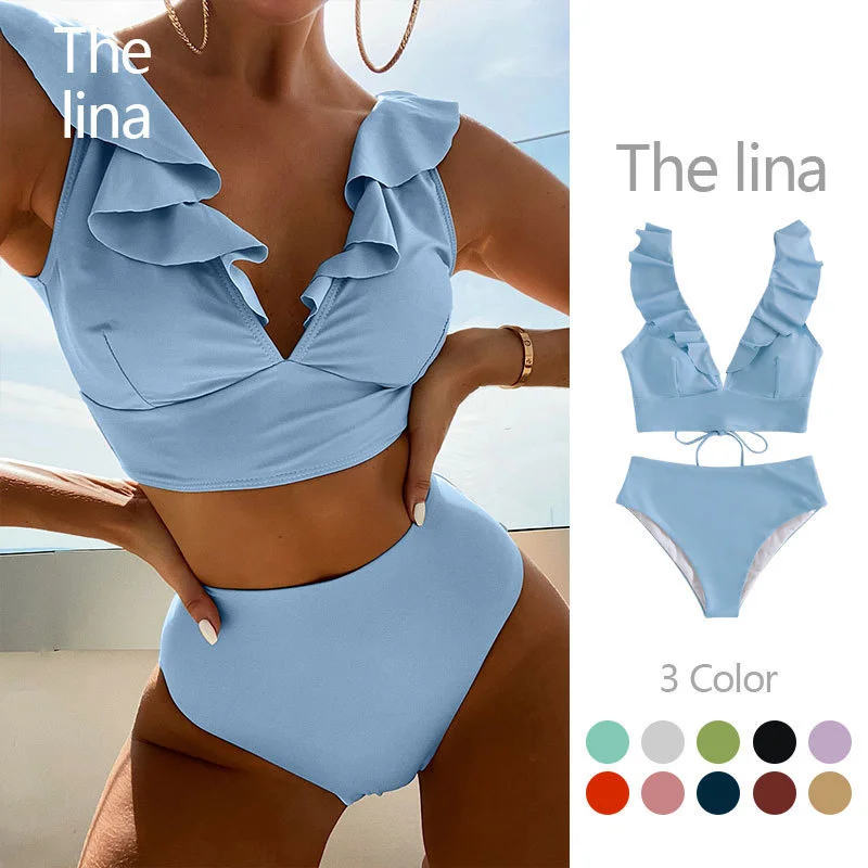 Women'S Sexy Solid Color Pleated Lace Double Strap Button Up Swimsuit Two-Piece Set Mesh Detail Bikini Women'S Sexy Solid Color Pleated Lace Double Strap Button Up Swimsuit Two-Piece Set Mesh Detail Bikini