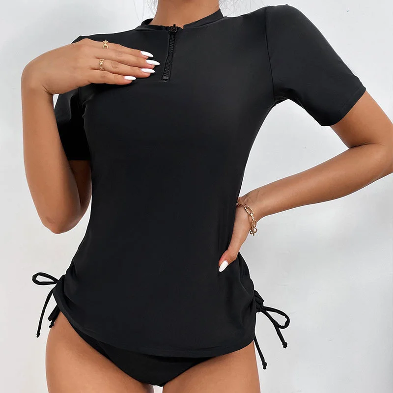 Women'S Solid Color Drawstring Short Sleeve Conservative Beach Swimsuit Two-Piece Set Two-Piece Beachwear Women'S Solid Color Drawstring Short Sleeve Conservative Beach Swimsuit Two-Piece Set Two-Piece Beachwear