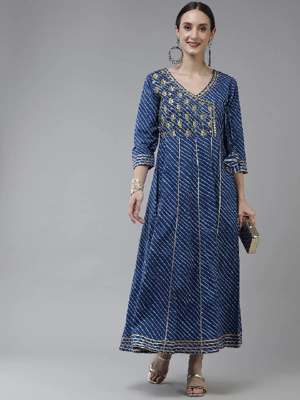 Blue Ethnic Motifs Maxi Dress Stylish Pleated A-Line Maxi Dress