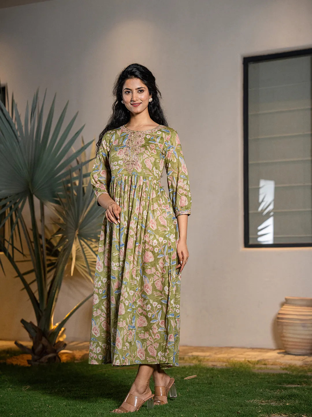 Green Pure Cotton Dori Embroidery Maxi Dress Trendy Floral Print Maxi Dress