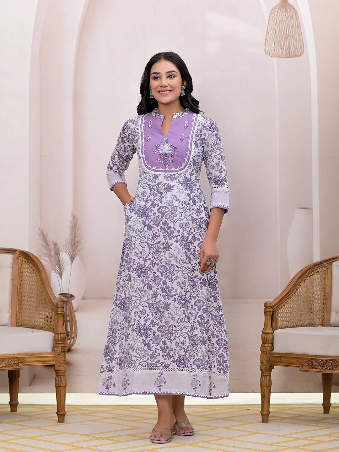 Purple Cotton Resham Embroidery Cotton A-Liine Maxi Dress Comfortable Flowy Maxi Dress