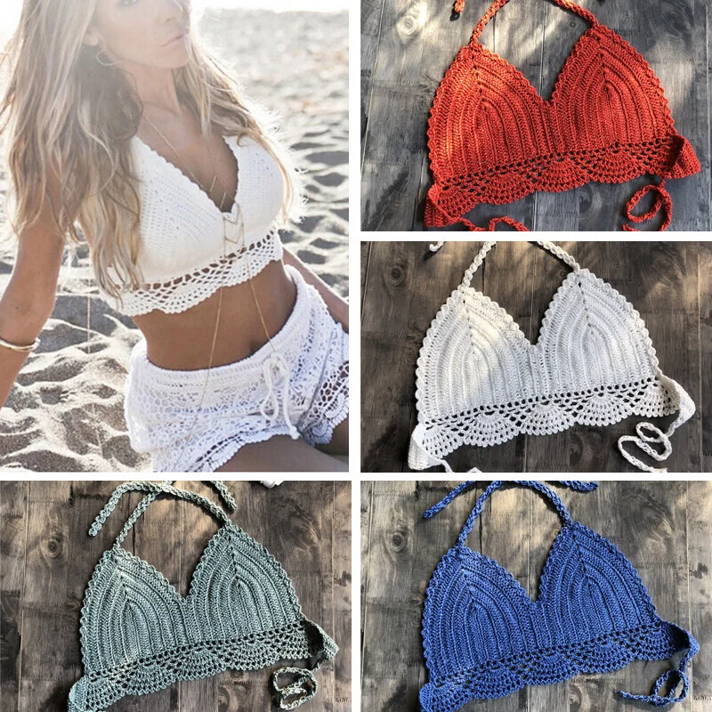 2019 New Bikini Top Handmade Crochet Women Boho Beach Bralette Solid Halter Knitted Swimsuit Brazilian Bikinis Bathing Suit Top Sexy Two-Piece Set