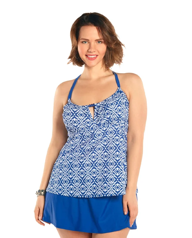 Always For Me Blue and White Plus Size Aegean Tankini Top with Matching Swim Skirt Classic Swimsuit Design