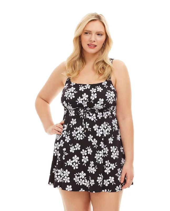 Always For Me by Fit 4U Black and White Moonflower Plus Size Swimdress Minimalist One-Piece